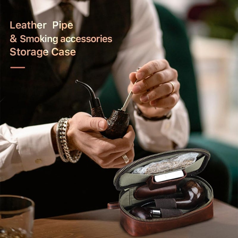 CONTACTS حقيبة تبغ صغيرة من جلد كامل الحبة لتنظيم أنابيب التدخين للسفر، ملحقات محمولة لحامل الولاعة، حقيبة أنابيب التبغ لعدد 2 أنابيب - Image 2